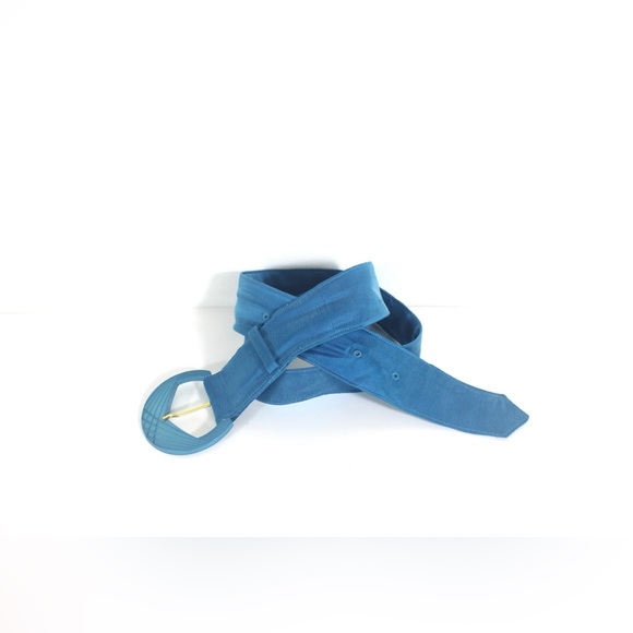 1980’s Turquoise Silk Belt with Art Deco Style Buckle Retro Disco - Picture 2 of 7